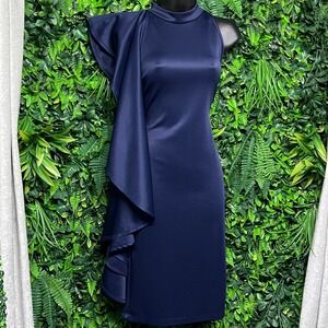 Karen T Design Dress Medium Navy Blue Ruffle One Shoulder Cocktail 3575